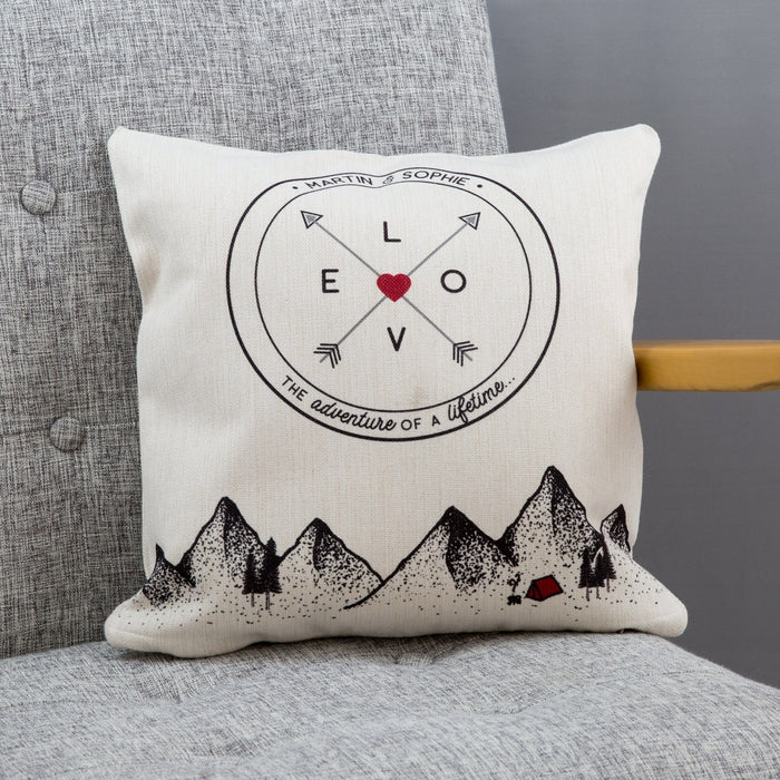 Adventure Themed Homeware  - Mountain Scene Cushion Personalised Wanderlust Print - 2nd Anniversary Gift