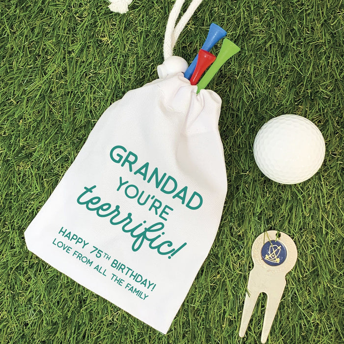 Golf Pun Gift | Tee-rrific Golfer Golf Tee Bag & Towel Set | Personalised Golf Accessory Pouch Set