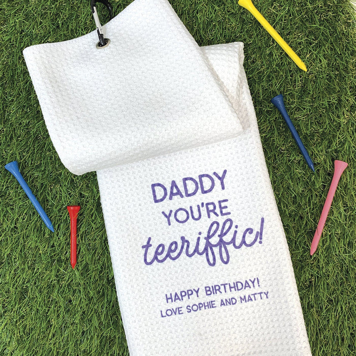 Golf Pun Gift | Tee-rrific Golfer Golf Tee Bag & Towel Set | Personalised Golf Accessory Pouch Set