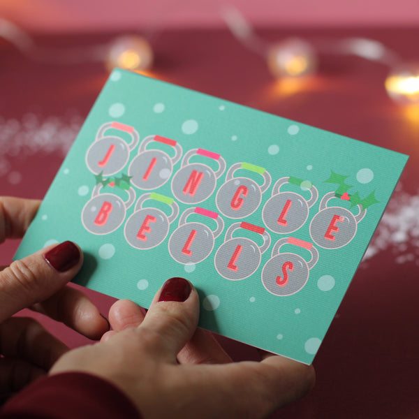 Jingle Kettlebells Gym Themed Christmas Card-Mint